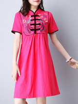 Casual Band Collar Contrast Trim Embroidery Shift Dress
