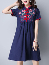 Casual Band Collar Contrast Trim Embroidery Shift Dress