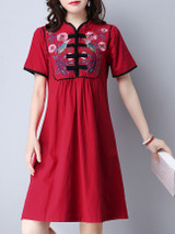 Casual Band Collar Contrast Trim Embroidery Shift Dress