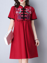 Casual Band Collar Contrast Trim Embroidery Shift Dress