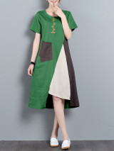 Casual Asymmetric Hem Color Block Embroidery Shift Dress