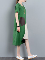 Casual Asymmetric Hem Color Block Embroidery Shift Dress