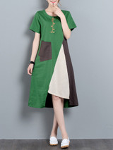Casual Asymmetric Hem Color Block Embroidery Shift Dress