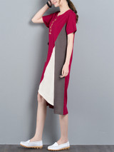 Casual Asymmetric Hem Color Block Embroidery Shift Dress