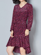Casual V-Neck Ruffled Hem Printed High-Low Skater Dress