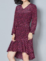 Casual V-Neck Ruffled Hem Printed High-Low Skater Dress