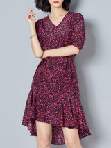 Casual V-Neck Ruffled Hem Printed High-Low Skater Dress
