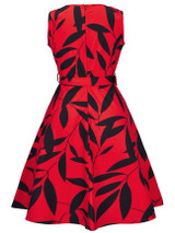 Casual Round Neck Belt Skater Dress In Leaf Printed