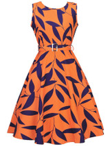 Casual Round Neck Belt Skater Dress In Leaf Printed