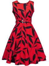 Casual Round Neck Belt Skater Dress In Leaf Printed