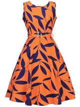 Casual Round Neck Belt Skater Dress In Leaf Printed