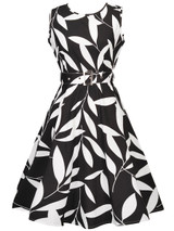 Casual Round Neck Belt Skater Dress In Leaf Printed