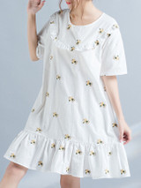 Casual Round Neck Ruffled Hem Embroidery Shift Dress