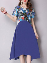 Casual Asymmetric Hem Round Neck Printed Skater Dress