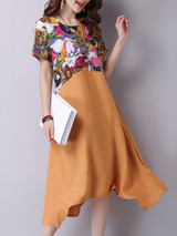 Casual Asymmetric Hem Round Neck Printed Skater Dress