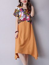 Casual Asymmetric Hem Round Neck Printed Skater Dress