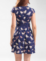 Casual Round Neck Bowknot Bird Printed Skater Dress