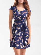 Casual Round Neck Bowknot Bird Printed Skater Dress