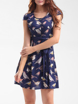 Casual Round Neck Bowknot Bird Printed Skater Dress