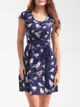 Casual Round Neck Bowknot Bird Printed Skater Dress