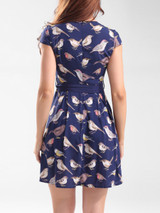 Casual Round Neck Bowknot Bird Printed Skater Dress