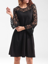 Casual Hollow Out Bell Sleeve Patchwork Plain Skater Dress