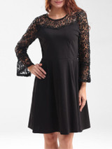 Casual Hollow Out Bell Sleeve Patchwork Plain Skater Dress