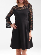 Casual Hollow Out Bell Sleeve Patchwork Plain Skater Dress
