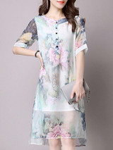 Casual Round Neck Side Slit Hollow Out Printed Chiffon High-Low Shift Dress