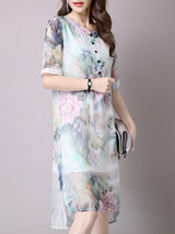 Casual Round Neck Side Slit Hollow Out Printed Chiffon High-Low Shift Dress