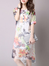 Casual High-Low Round Neck Side Slit Floral Hollow Out Chiffon Shift Dress