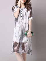 Casual High-Low Round Neck Side Slit Hollow Out Printed Chiffon Shift Dress