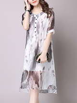 Casual High-Low Round Neck Side Slit Hollow Out Printed Chiffon Shift Dress