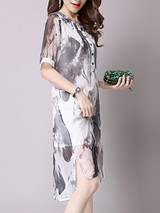 Casual High-Low Round Neck Side Slit Hollow Out Printed Chiffon Shift Dress