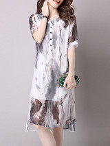 Casual High-Low Round Neck Side Slit Hollow Out Printed Chiffon Shift Dress