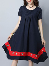 Casual Round Neck Asymmetric Hem Embroidery Shift Dress