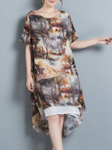 Casual Distinctive High-Low Printed Round Neck Shift Dress