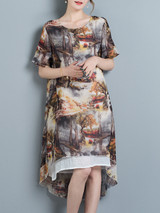 Casual Distinctive High-Low Printed Round Neck Shift Dress