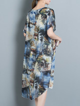Casual Distinctive High-Low Printed Round Neck Shift Dress