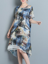 Casual Distinctive High-Low Printed Round Neck Shift Dress