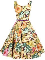 Casual Boat Neck Belt Dramatic Printed Sleeveless Skater Dress