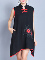 Casual Band Collar Asymmetric Hem Contrast Trim Pocket Printed Shift Dress