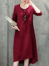 Casual Round Neck Plain Pocket High-Low Shift Dress