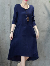 Casual Round Neck Plain Pocket High-Low Shift Dress