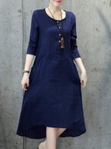 Casual Round Neck Plain Pocket High-Low Shift Dress