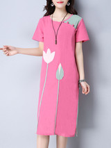 Casual Round Neck Pocket Color Block Patch Midi Shift Dress