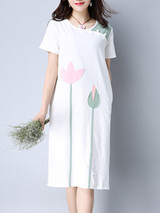 Casual Round Neck Pocket Color Block Patch Midi Shift Dress