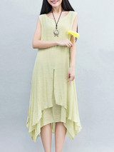Casual Round Neck Asymmetric Hem Double Layer Plain Shift Dress