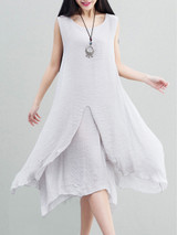 Casual Round Neck Asymmetric Hem Double Layer Plain Shift Dress