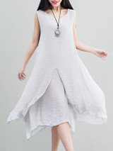 Casual Round Neck Asymmetric Hem Double Layer Plain Shift Dress